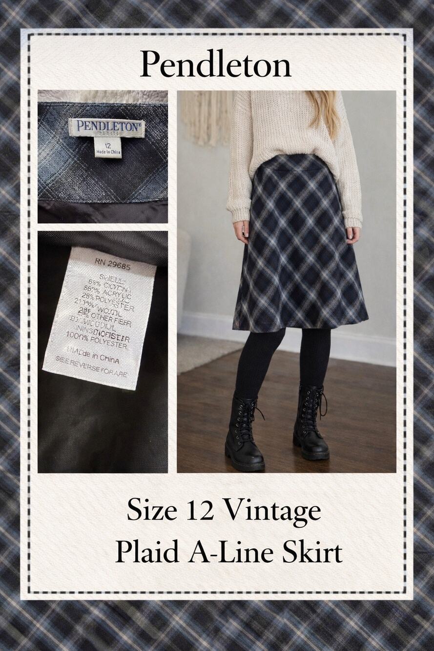 Pendleton VTG Plaid A-Line Skirt Size 12 Wool Blend Blue Gray Preppy Cozy